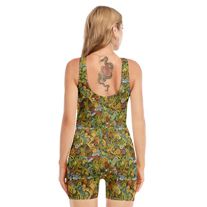 Outdoor Camping Pattern Print Sleeveless One Piece Swimsuit