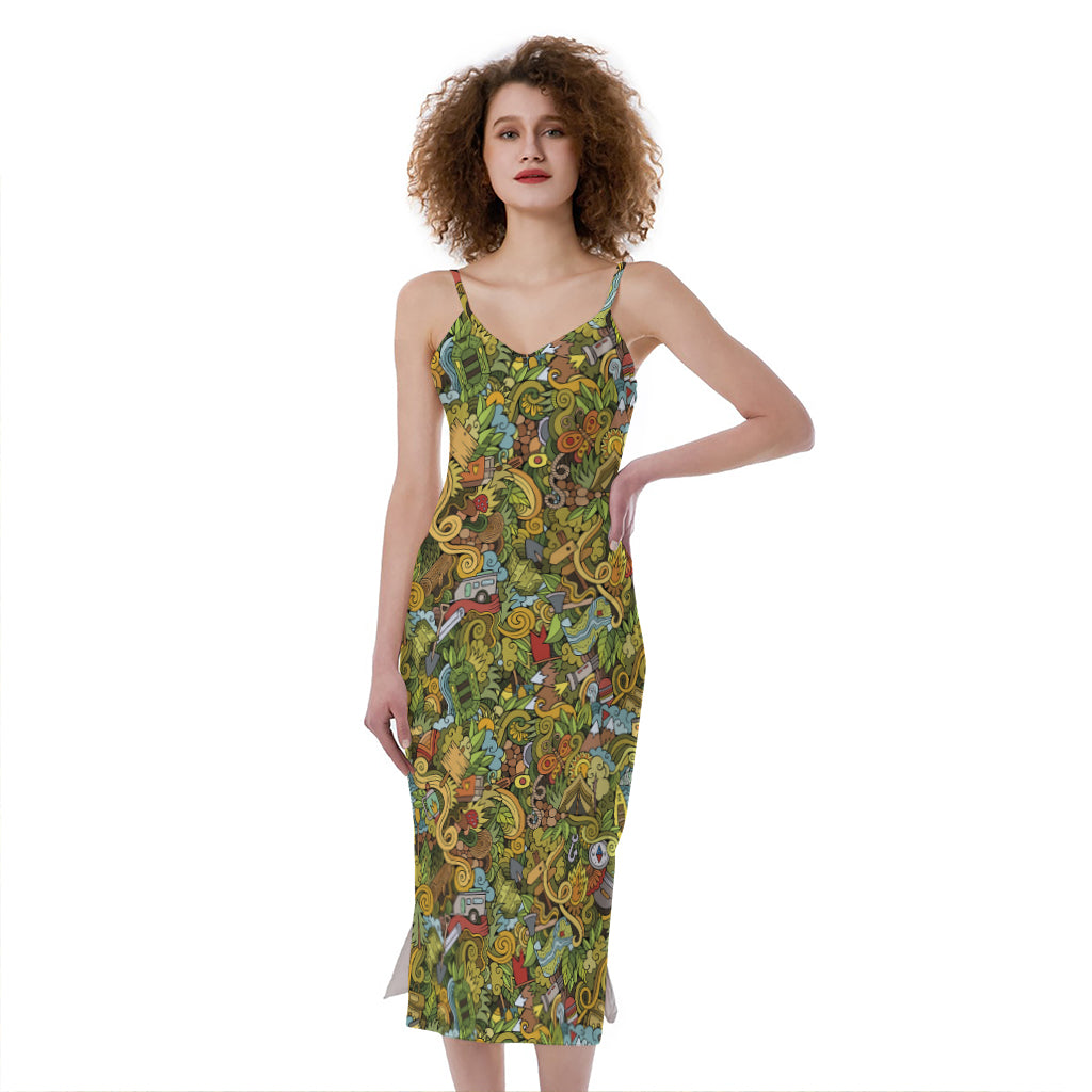 Outdoor Camping Pattern Print Slim Fit Midi Cami Dress