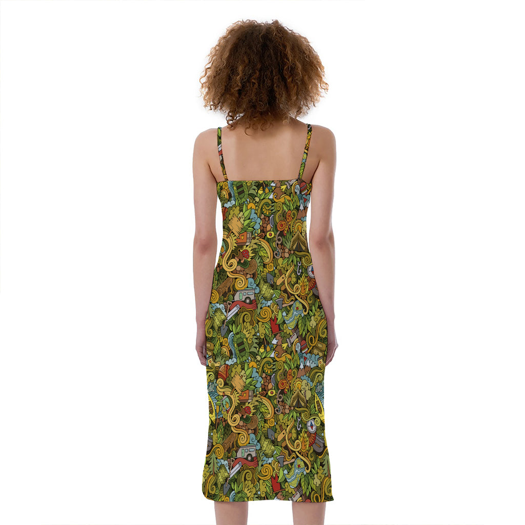 Outdoor Camping Pattern Print Slim Fit Midi Cami Dress