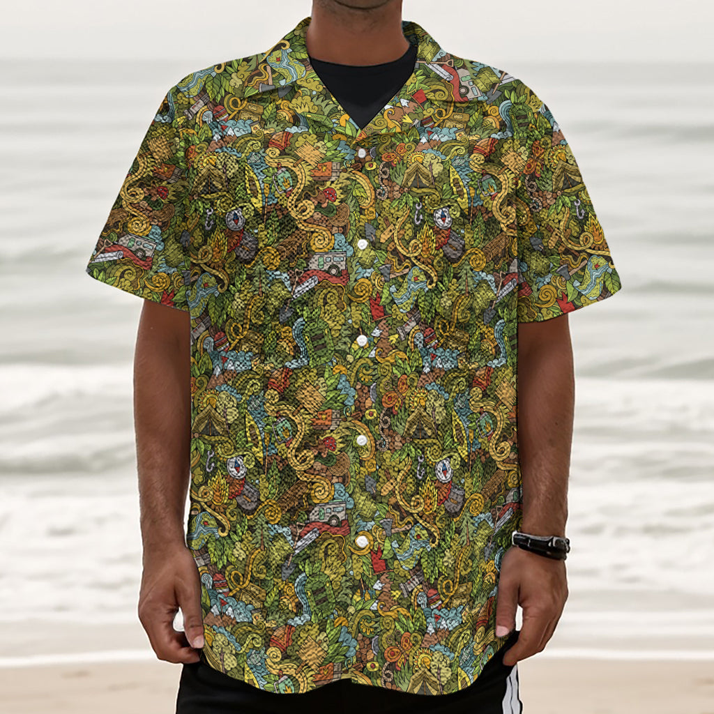Outdoor Camping Pattern Print Textured Short Sleeve Shirt
