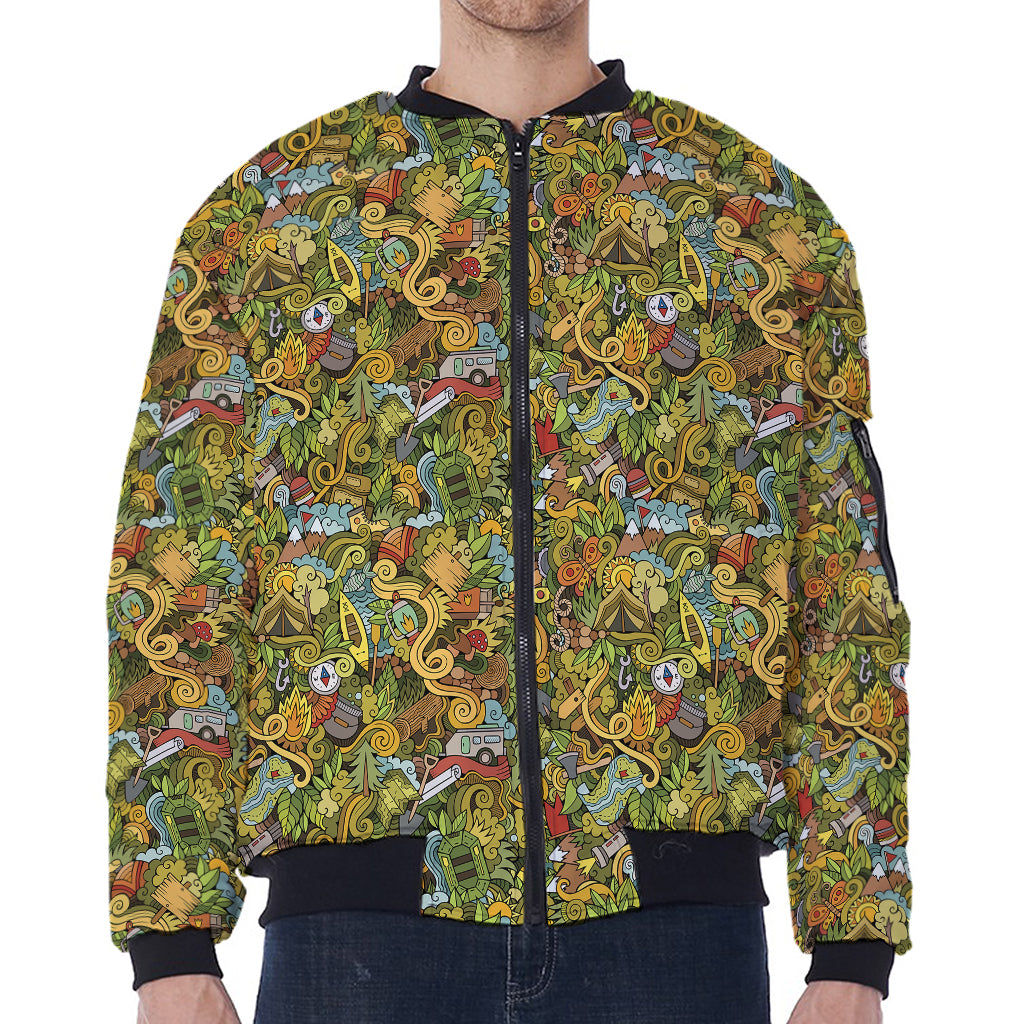 Outdoor Camping Pattern Print Zip Sleeve Bomber Jacket