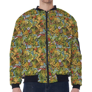 Outdoor Camping Pattern Print Zip Sleeve Bomber Jacket