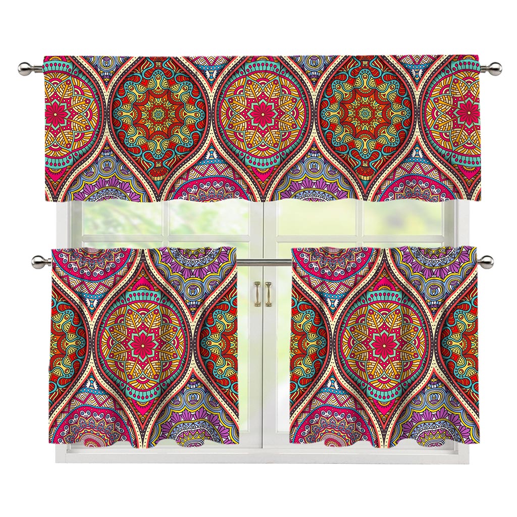Oval Bohemian Mandala Patchwork Print 3 Piece Kitchen Curtains