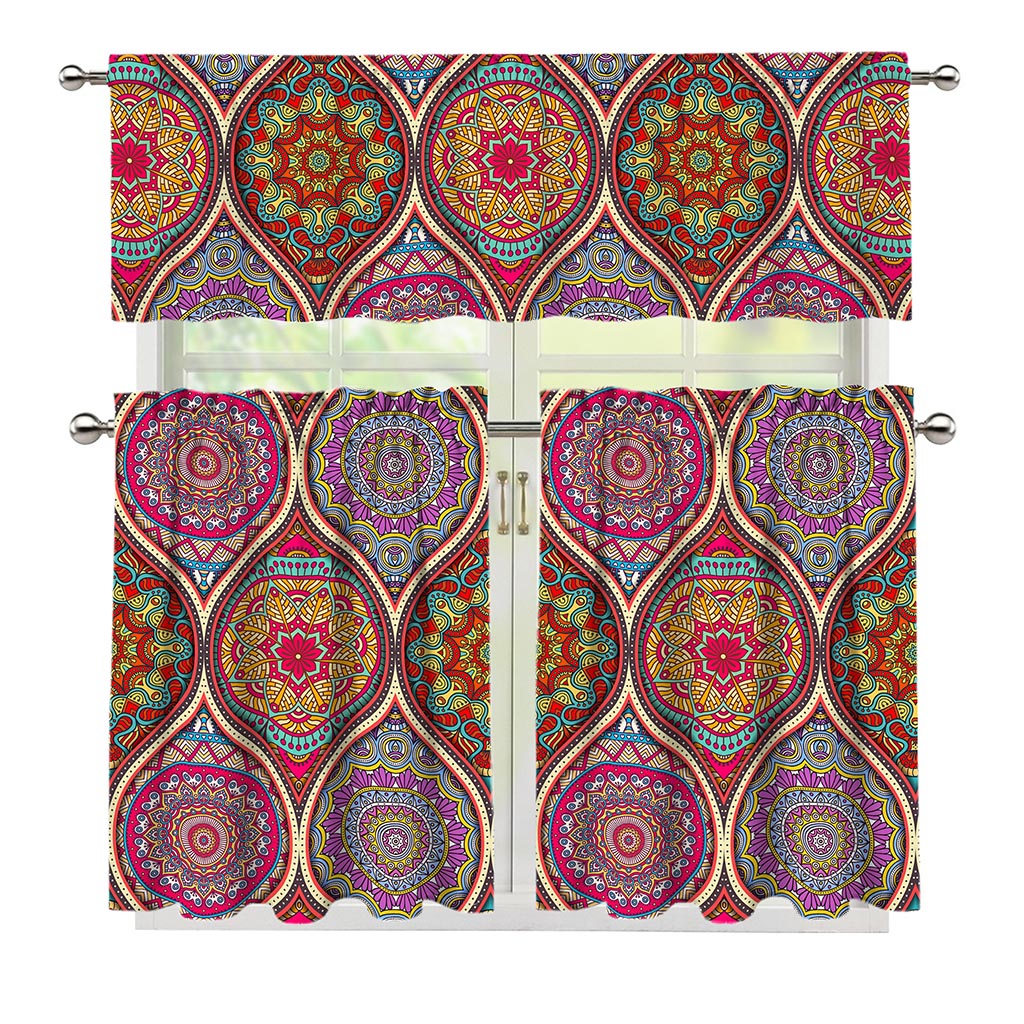 Oval Bohemian Mandala Patchwork Print 3 Piece Kitchen Curtains