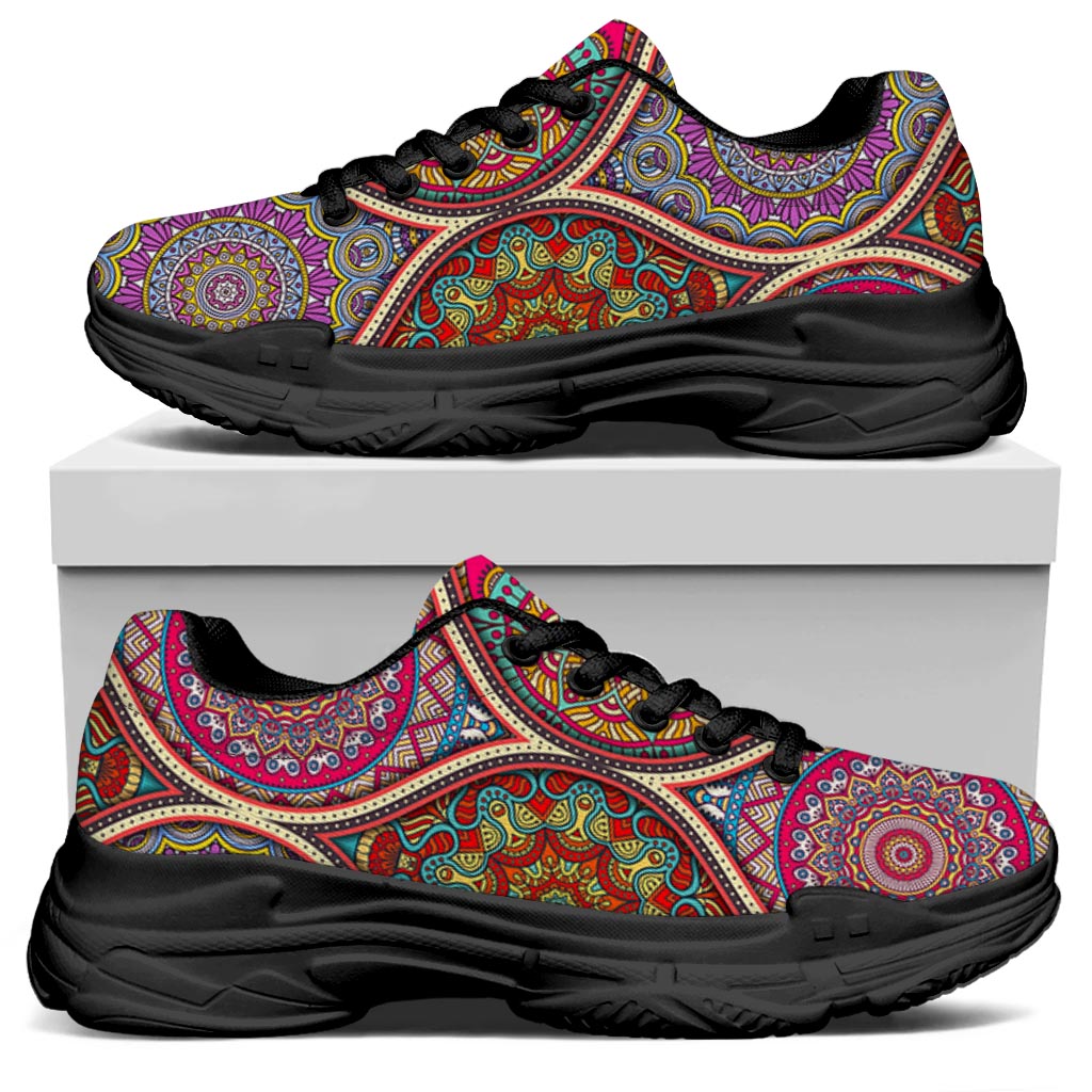 Oval Bohemian Mandala Patchwork Print Black Chunky Shoes