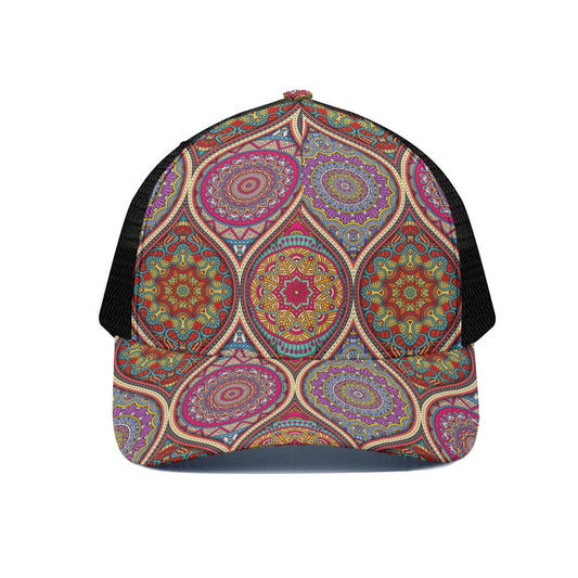 Oval Bohemian Mandala Patchwork Print Black Mesh Trucker Cap
