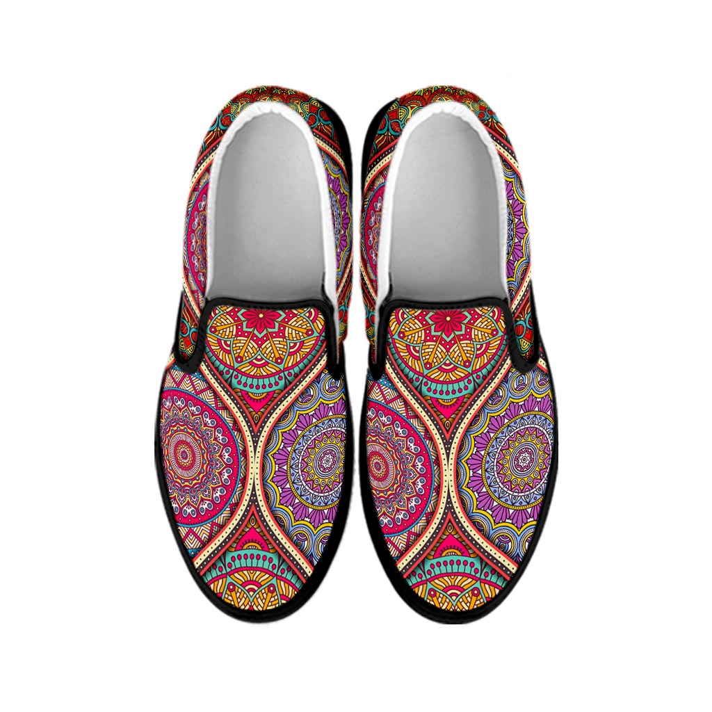 Oval Bohemian Mandala Patchwork Print Black Slip On Sneakers