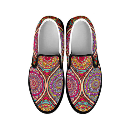 Oval Bohemian Mandala Patchwork Print Black Slip On Sneakers