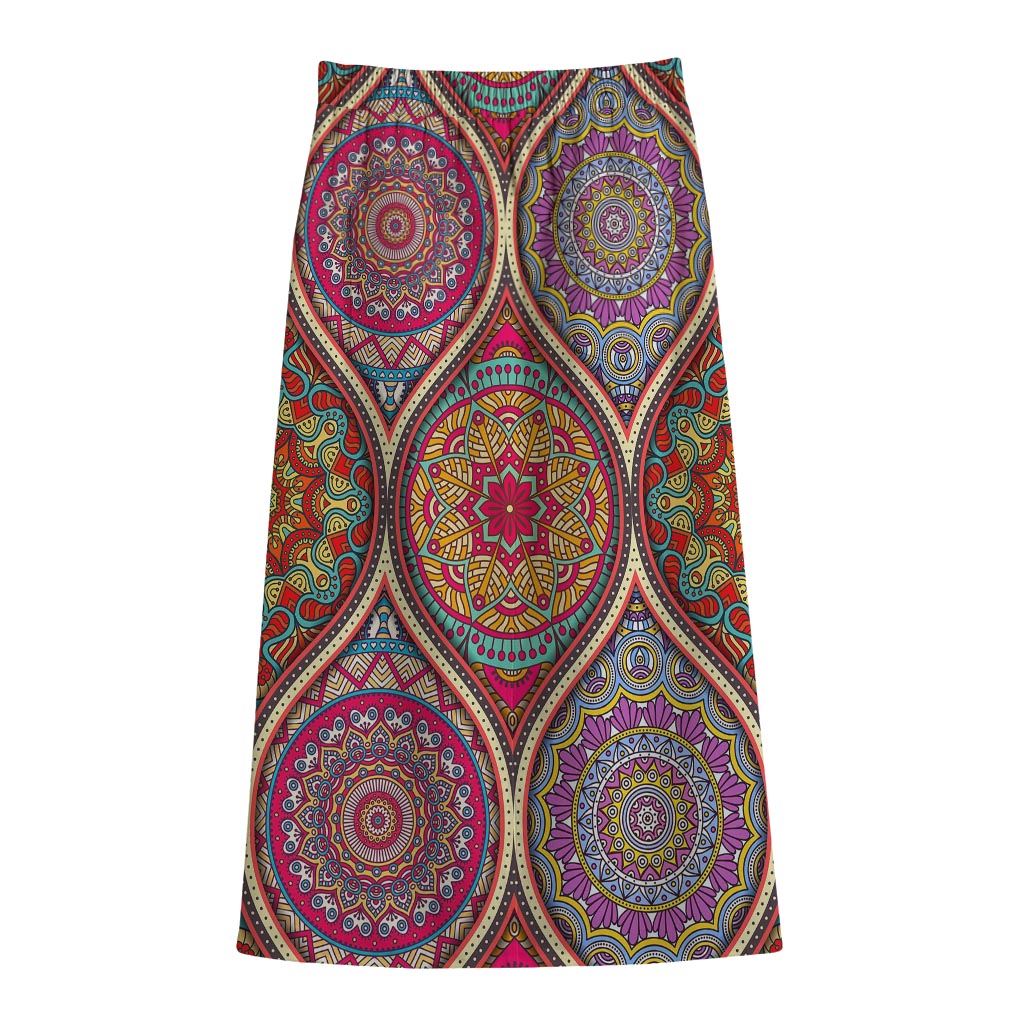 Oval Bohemian Mandala Patchwork Print Cotton Front Slit Maxi Skirt