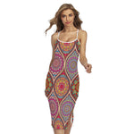 Oval Bohemian Mandala Patchwork Print Cross Back Cami Dress