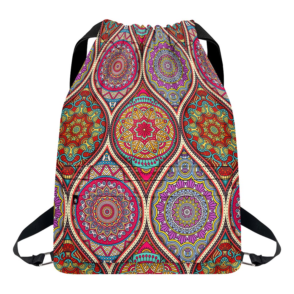 Oval Bohemian Mandala Patchwork Print Drawstring Backpack