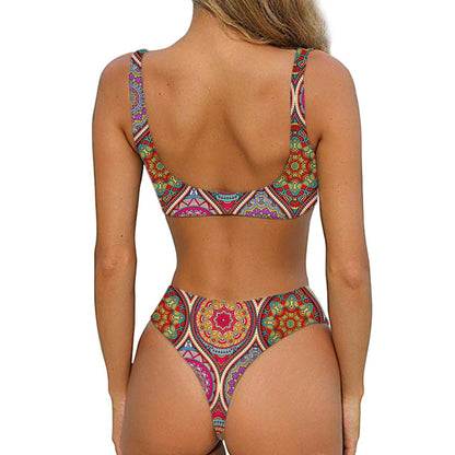 Oval Bohemian Mandala Patchwork Print Front Bow Tie Bikini
