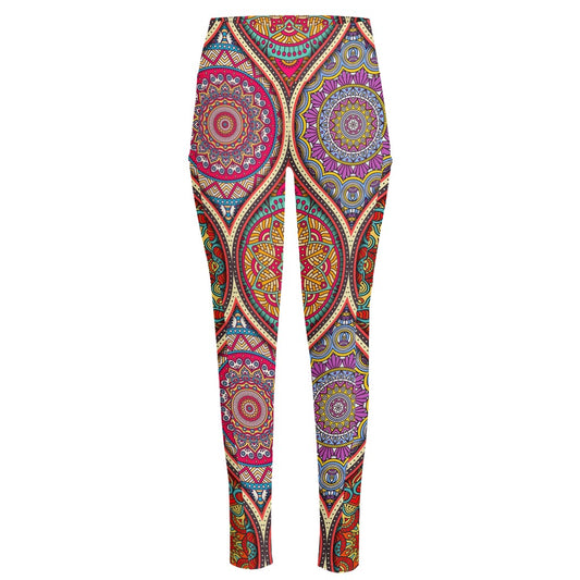 Oval Bohemian Mandala Patchwork Print High-Waisted Pocket Leggings