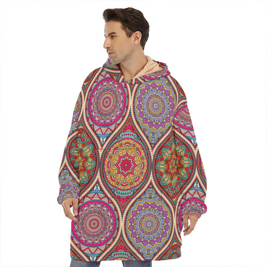 Oval Bohemian Mandala Patchwork Print Hoodie Blanket