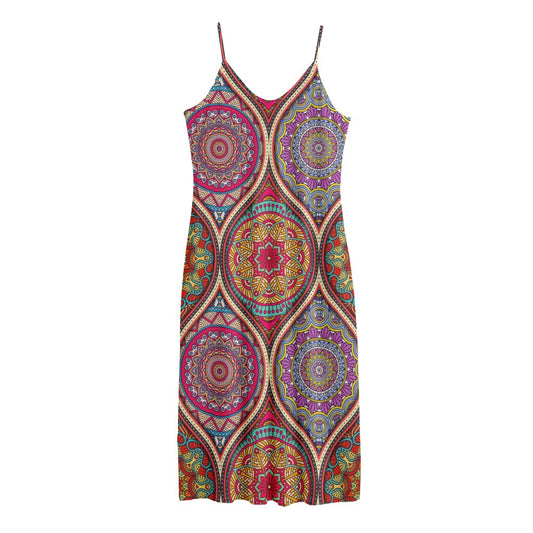 Oval Bohemian Mandala Patchwork Print Jersey Midi Cami Dress