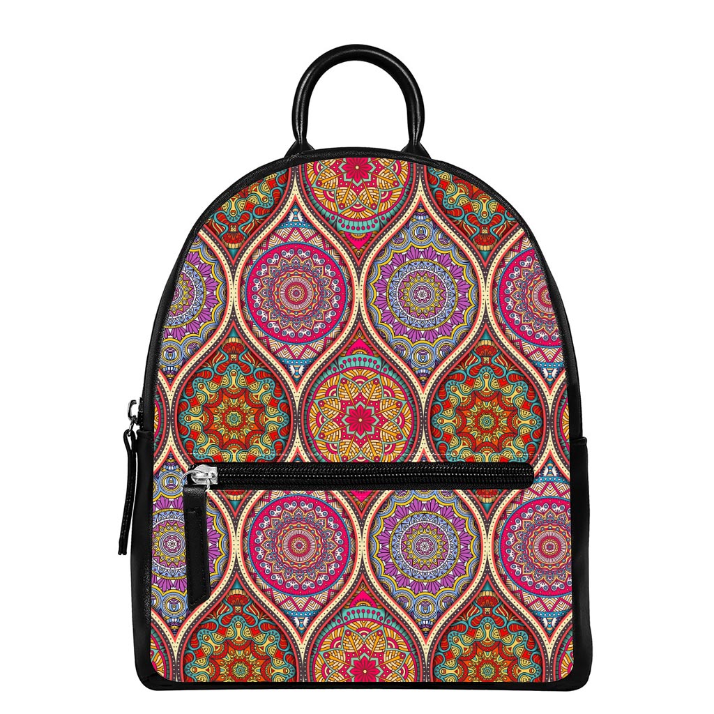 Oval Bohemian Mandala Patchwork Print Leather Backpack