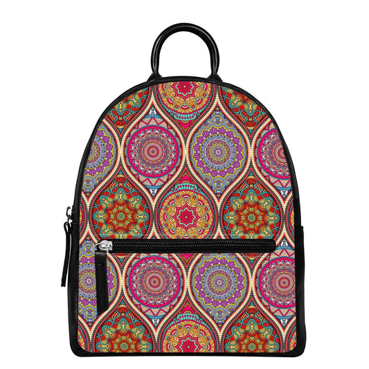 Oval Bohemian Mandala Patchwork Print Leather Backpack