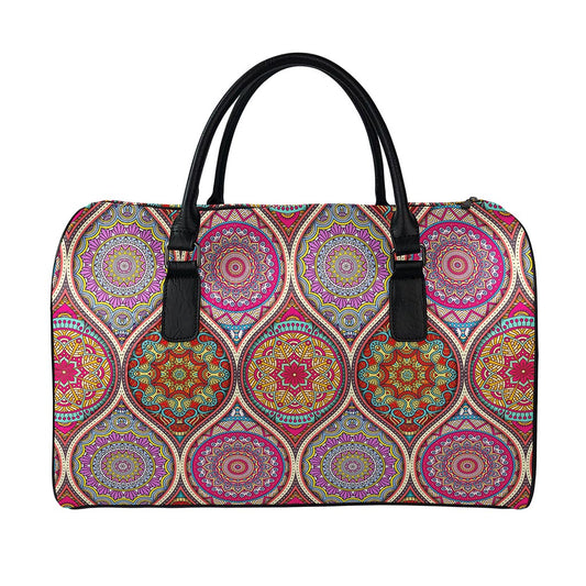 Oval Bohemian Mandala Patchwork Print Leather Duffle Bag