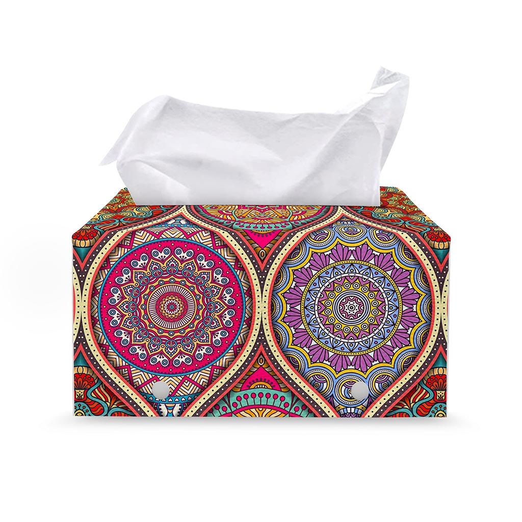 Oval Bohemian Mandala Patchwork Print Leather Tissue Box Cover
