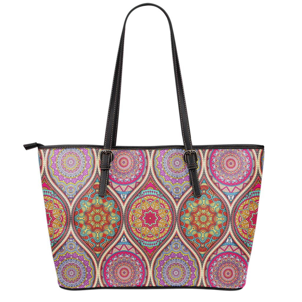 Oval Bohemian Mandala Patchwork Print Leather Tote Bag
