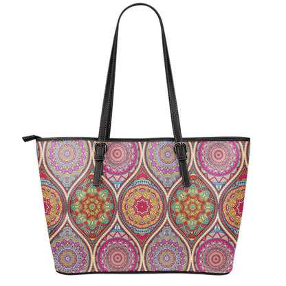 Oval Bohemian Mandala Patchwork Print Leather Tote Bag