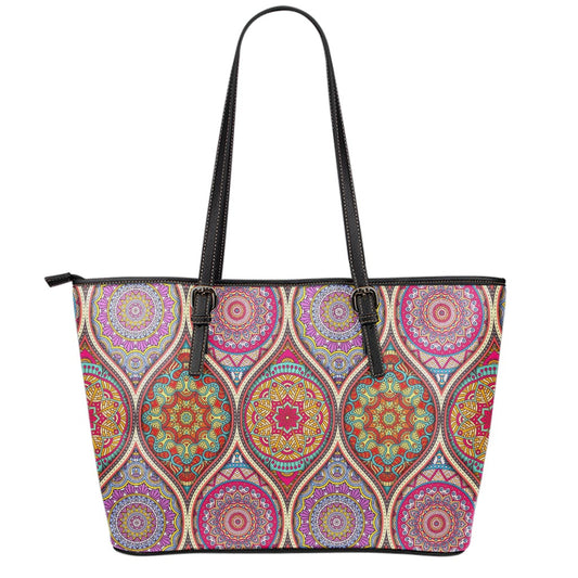 Oval Bohemian Mandala Patchwork Print Leather Tote Bag