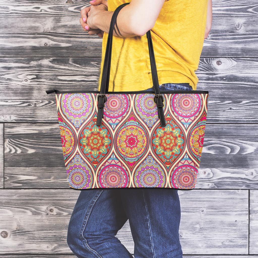 Oval Bohemian Mandala Patchwork Print Leather Tote Bag