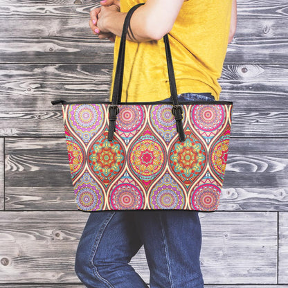Oval Bohemian Mandala Patchwork Print Leather Tote Bag