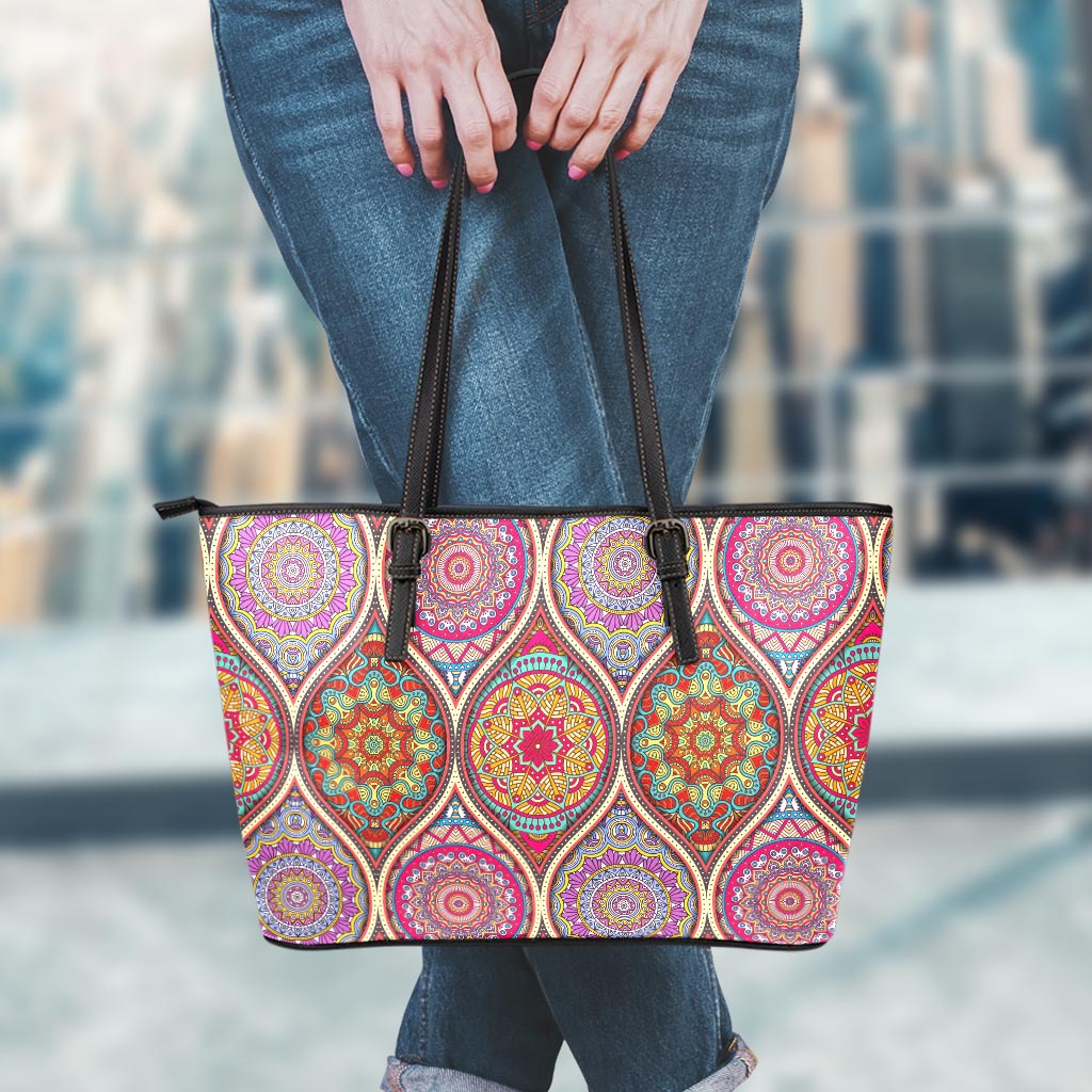 Oval Bohemian Mandala Patchwork Print Leather Tote Bag