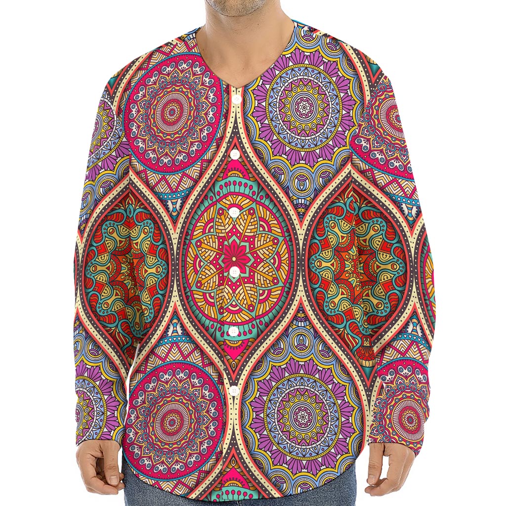 Oval Bohemian Mandala Patchwork Print Long Sleeve Baseball Jersey