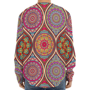 Oval Bohemian Mandala Patchwork Print Long Sleeve Baseball Jersey