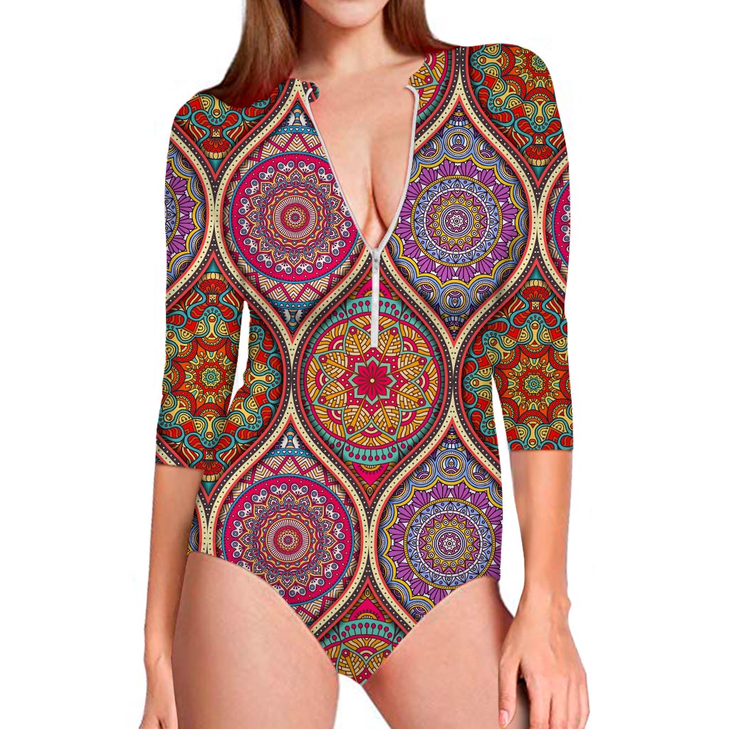 Oval Bohemian Mandala Patchwork Print Long Sleeve Swimsuit