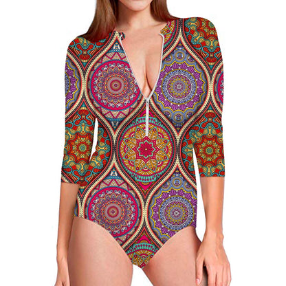 Oval Bohemian Mandala Patchwork Print Long Sleeve Swimsuit