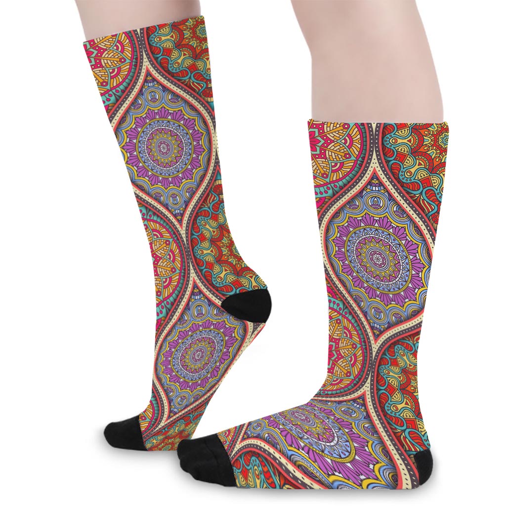 Oval Bohemian Mandala Patchwork Print Long Socks