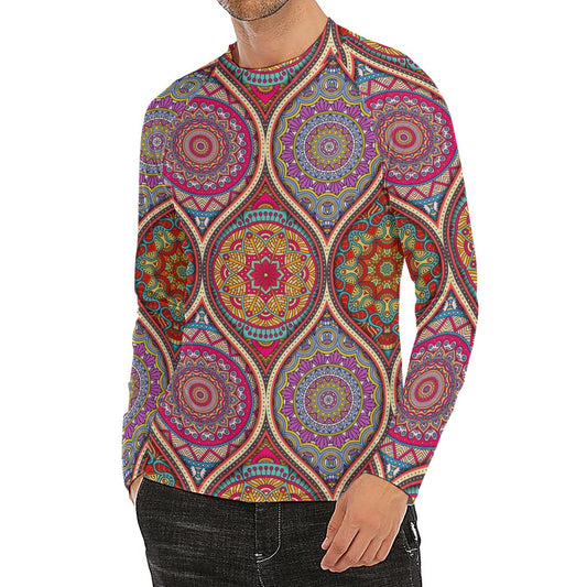 Oval Bohemian Mandala Patchwork Print Men's Long Sleeve Rash Guard