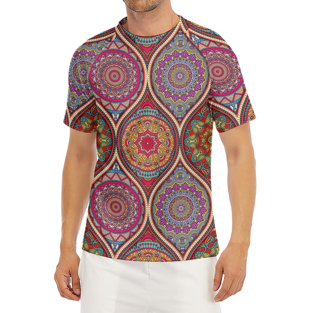 Oval Bohemian Mandala Patchwork Print Men's Short Sleeve Rash Guard