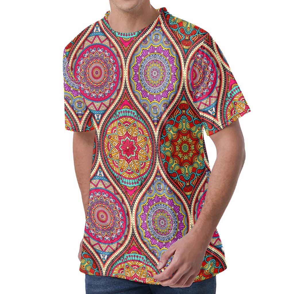 Oval Bohemian Mandala Patchwork Print Men's Velvet T-Shirt