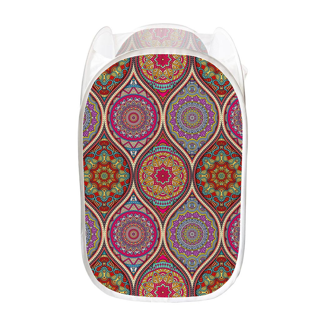 Oval Bohemian Mandala Patchwork Print Mesh Laundry Hamper