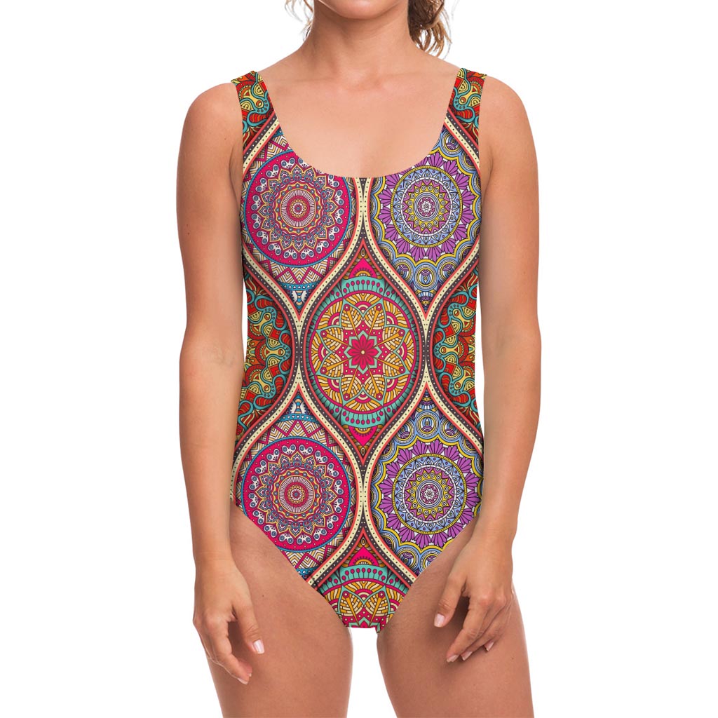 Oval Bohemian Mandala Patchwork Print One Piece Swimsuit