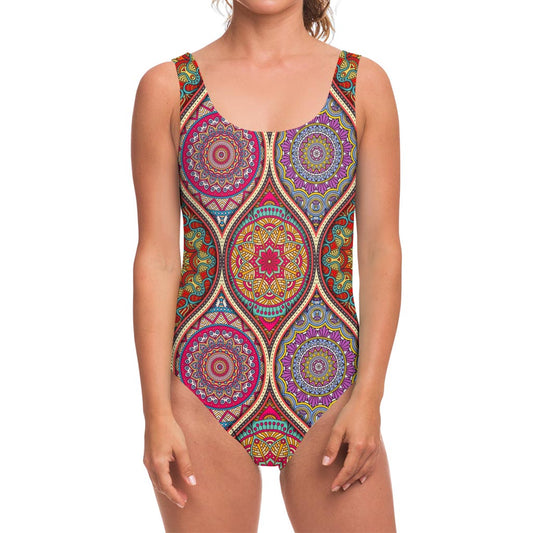 Oval Bohemian Mandala Patchwork Print One Piece Swimsuit
