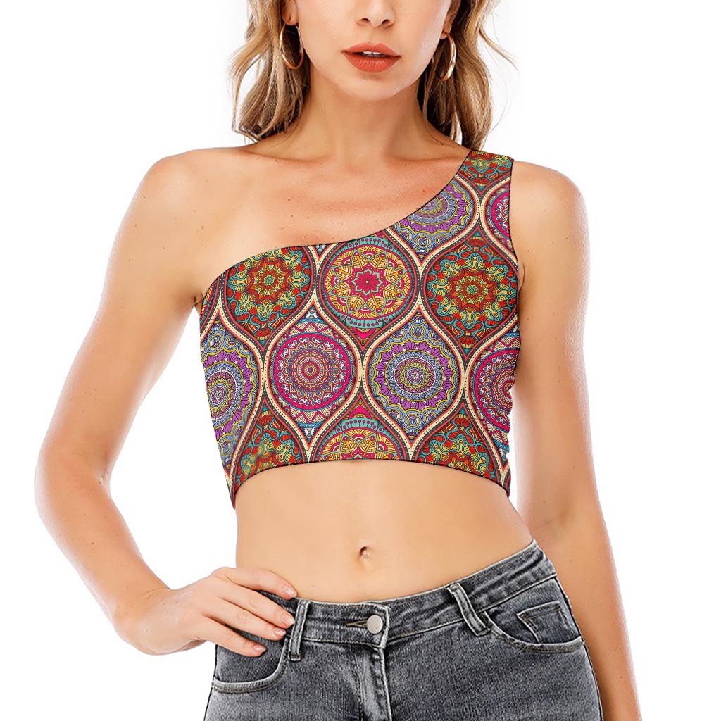Oval Bohemian Mandala Patchwork Print One Shoulder Crop Top