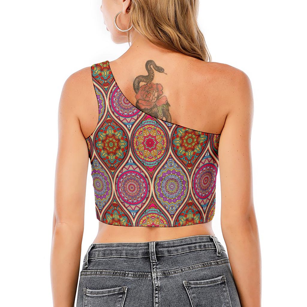 Oval Bohemian Mandala Patchwork Print One Shoulder Crop Top