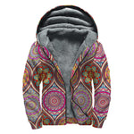 Oval Bohemian Mandala Patchwork Print Sherpa Lined Zip Up Hoodie