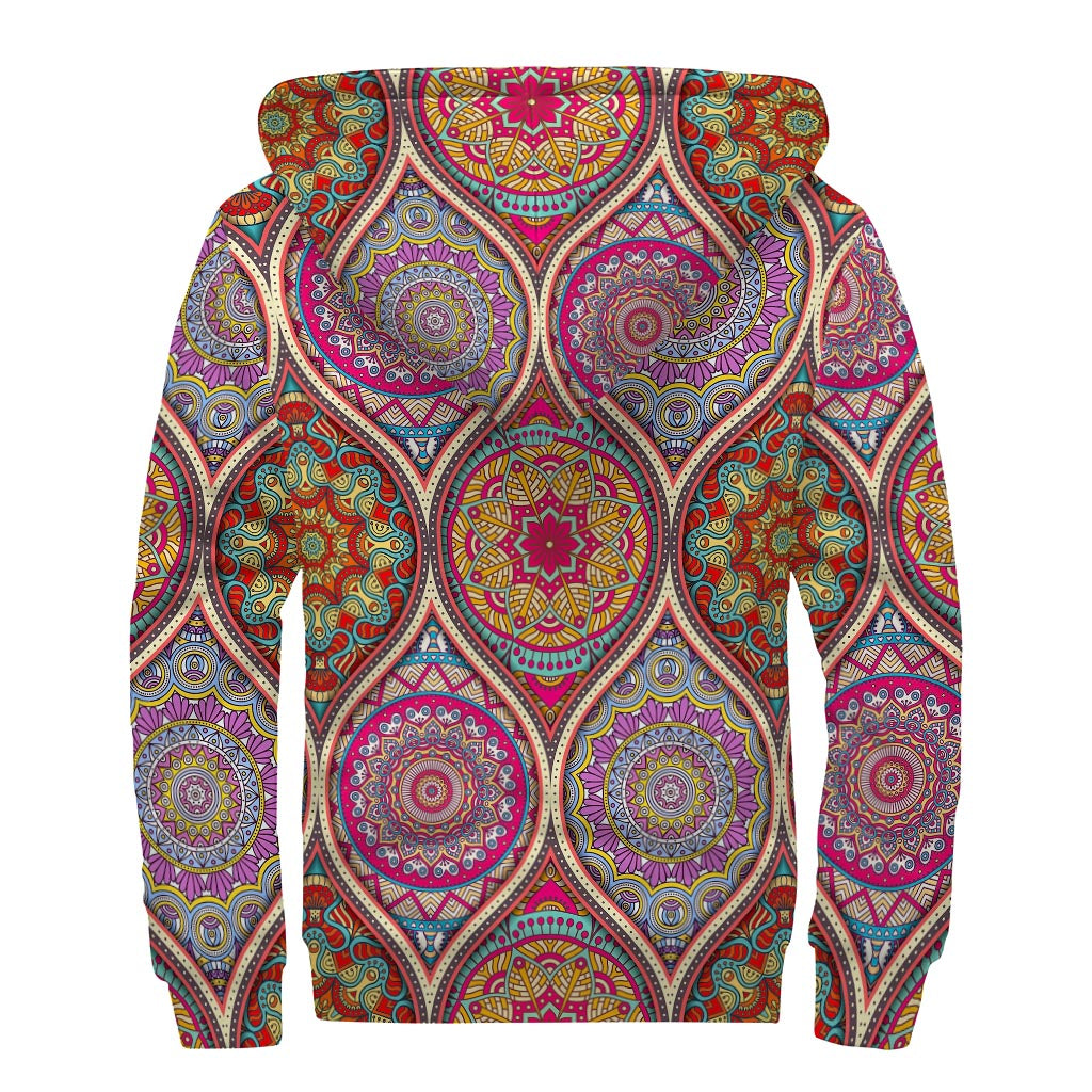 Oval Bohemian Mandala Patchwork Print Sherpa Lined Zip Up Hoodie
