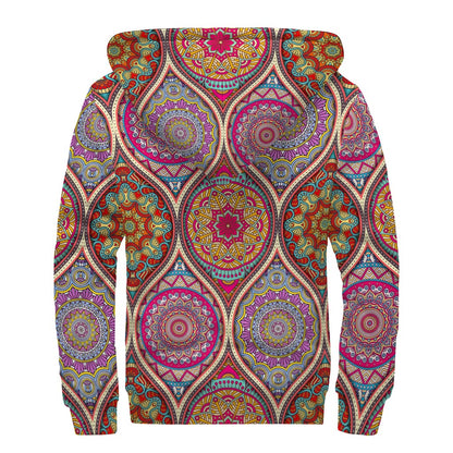 Oval Bohemian Mandala Patchwork Print Sherpa Lined Zip Up Hoodie