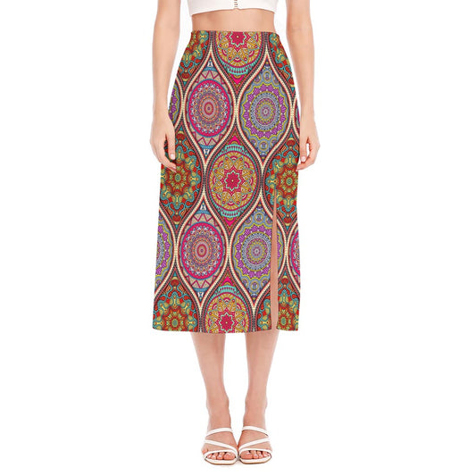 Oval Bohemian Mandala Patchwork Print Side Slit Midi Skirt