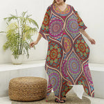 Oval Bohemian Mandala Patchwork Print Silk V-Neck Kaftan Dress