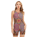 Oval Bohemian Mandala Patchwork Print Sleeveless One Piece Swimsuit