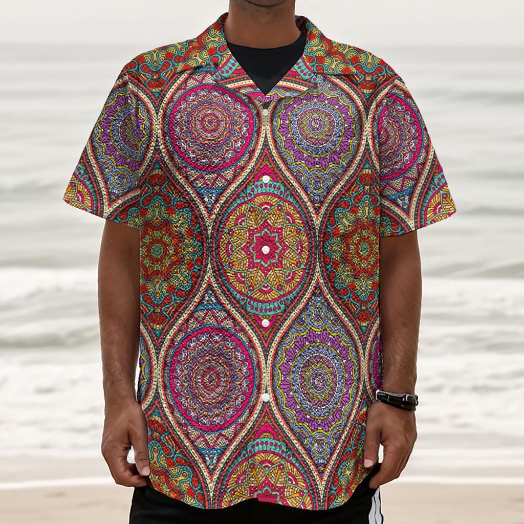 Oval Bohemian Mandala Patchwork Print Textured Short Sleeve Shirt