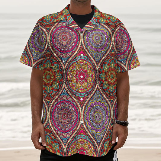 Oval Bohemian Mandala Patchwork Print Textured Short Sleeve Shirt
